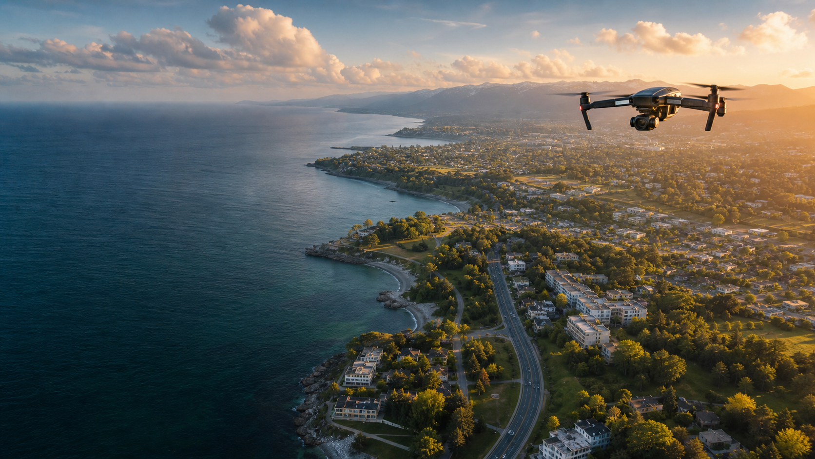 A drone capturing a golden-hour coastline from above